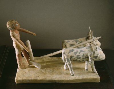 Modello funerario di un contadino che guida il suo aratro trainato da due buoi da Middle Kingdom Egyptian