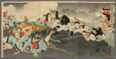 Grande vittoria delle nostre truppe nella feroce battaglia del guado di Ansong (Anjo no watashi waga gun taisho no zu) da Migita Toshihide