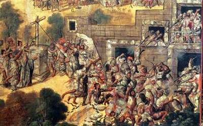 (dettaglio) del tentativo di abbattere la croce di fronte agli idoli e lancio di pietre e frecce contro Montezuma da Miguel Gonzalez