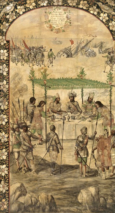 Ordina la distruzione delle navi e incontra gli ambasciatori di Montezuma nel 1520 - La conquista del Messico di Hernan Cortes da Miguel and Juan Gonzalez