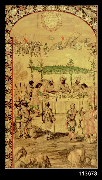La conquista del Messico: Hernando Cortes ordina la distruzione delle navi e incontra gli ambasciatori di Montezuma nel 1520 da Miguel and Juan Gonzalez