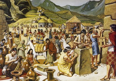 Vita quotidiana in una comunità inca (litografia a colori) da Mike (20th century) White