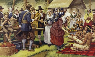 Il Primo Ringraziamento nel 1621, un anno dopo che i Padri Pellegrini avevano lasciato il Vecchio Mondo (litografia a colori) da Mike (20th century) White
