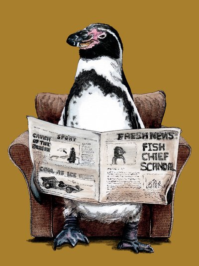 Pinguino in pensione sul giallo dorato, 2020 da Mike Davis