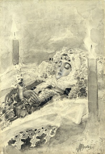 Tamara nella bara. Illustrazione al poema Il Demone di Mikhail Lermontov, 1890-1891 da Mikhail Aleksandrovich Vrubel