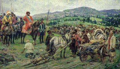Assistenza al leader della rivolta contadina, Emelyan Pugachev, negli Urali (olio su tela) da Mikhail Ivanovich Avilov