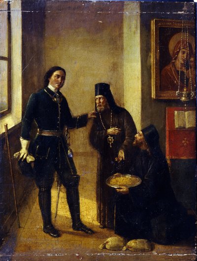 Vescovo Mitrophan di Voronezh che dona a Pietro I per la costruzione della flotta di Azov nel 1696 da Mikhail Ivanovich Terebenev