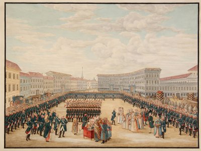 La benedizione della bandiera del reggimento Preobrajensky, dicembre 1796 da Mikhail Matveevich Ivanov