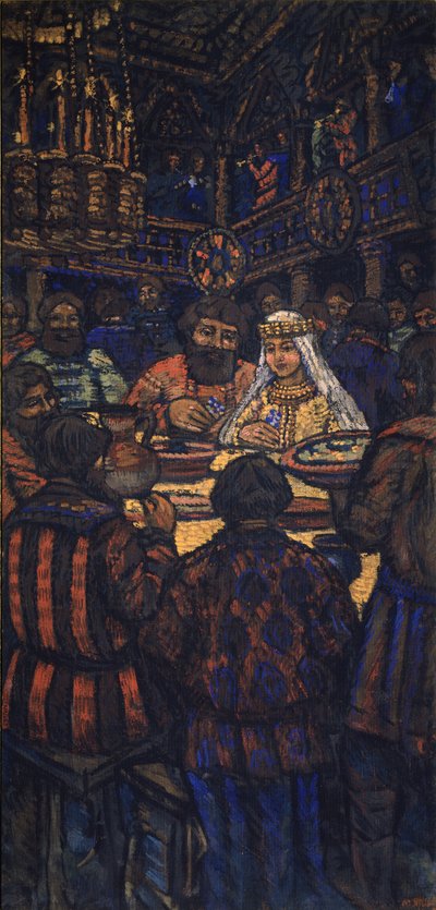 Il matrimonio del Granduca Vladimir I. Svyatoslavich Trittico, Pannello centrale, 1920s da Mikhail Nikolayevich Yakovlev