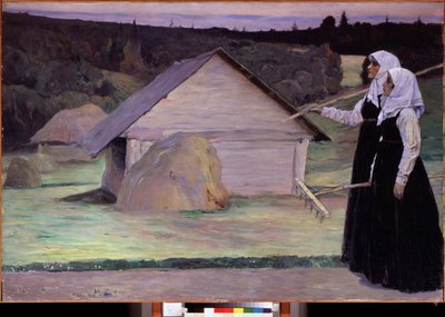 Estate. Due donne, portando il loro rastrello, la sera dopo i lavori nei campi, camminano davanti a covoni di fieno e capanne di legno. Dipinto di Mikhail Vasilyevich Nesterov (1862-1942), olio su tela da Mikhail Vasilievich Nesterov