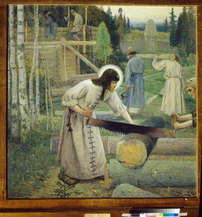 San Sergio di Radonež (1313-1392) - Le fatiche di San Sergio (Trittico, parte centrale) - Dipinto di Mikhail Vasilyevich Nesterov (1862-1942) (simbolismo) Galleria Tret