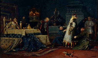 Cappotto da pazzo. Boyar Druzhina Andreyevich Morozov davanti a Ivan il Terribile da Mikhail Vasilievich Nesterov