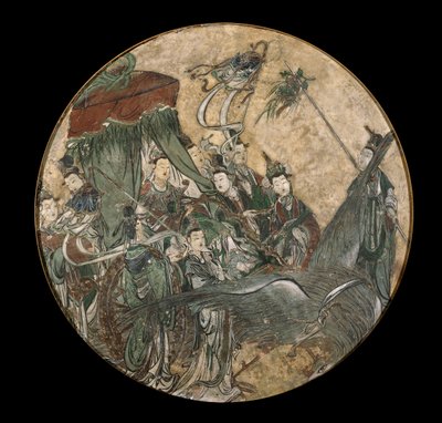 Affresco policromo raffigurante una dignitaria femminile che tiene uno scettro Ruyi mentre è seduta in un carro trainato da una fenice da Ming Dynasty Chinese School