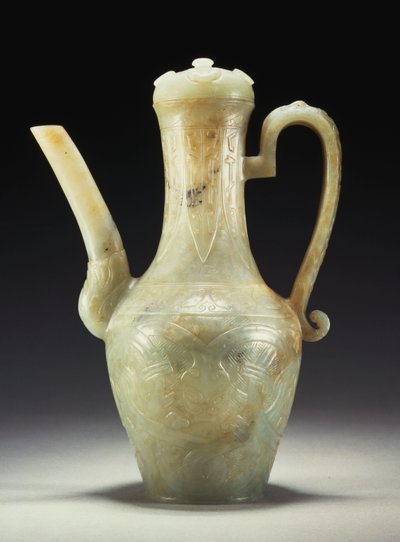 Brocca e coperchio in giada celadon tardo Ming da Ming Dynasty Chinese School