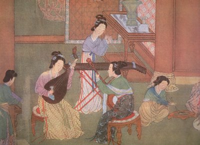 Liuto cinese, chitarra a luna e cetra da tavolo da Ming Dynasty Chinese School