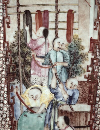 Dettaglio di un vaso raffigurante uomini che tingono la seta da Ming Dynasty Chinese School