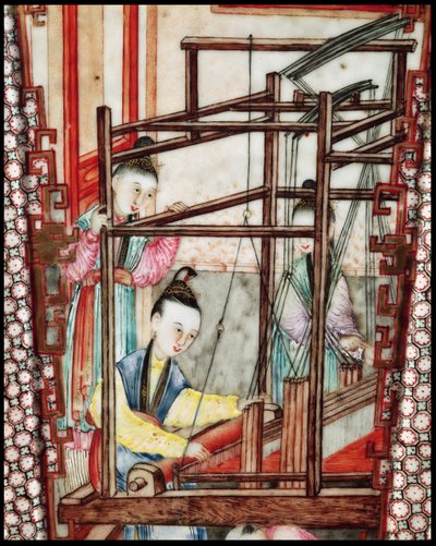 Dettaglio di un vaso che raffigura la tessitura della seta da Ming Dynasty Chinese School