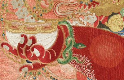 Dettaglio di Thangka imperiale ricamata in seta da Ming Dynasty Chinese School
