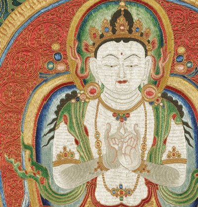 Dettaglio di Thangka di seta imperiale ricamata da Ming Dynasty Chinese School