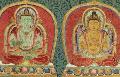 Dettaglio di Thangka imperiale ricamata in seta da Ming Dynasty Chinese School
