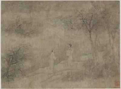 Due uomini che camminano in un boschetto nebbioso da Ming Dynasty Chinese School
