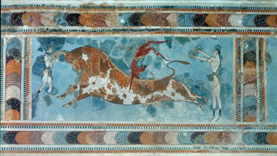 Civiltà minoica: "scena di taurokathapsia (o taurocatapsia), sport cretese che consiste nel saltare sulla schiena di un toro" Affresco dal palazzo del re Minosse a Cnosso. 1700-1400 a.C. Heraklion, Museo Archeologico da Minoan
