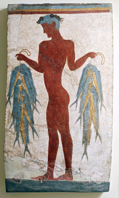 Civiltà greca, affresco raffigurante pescatore, da Akrotiri, Thera, Santorini, Grecia da Minoan