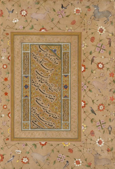 Pagina dal Tardo Album di Shah Jahan: Calligrafia Persiana Incorniciata da un Bordo Ornamentale di Fiori e Uccelli da Mir 