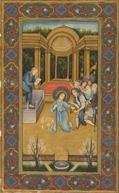 Gesù tra i dottori nel Tempio, 1760 circa (acquerello opaco con oro su carta, bordi floreali a colori su fondo oro) da Mir Kalan Khan