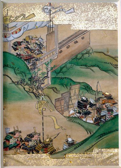 Episodio delle lotte imperiali in Giappone (1308-1368). Miniatura della scuola Tosa con foglie d
