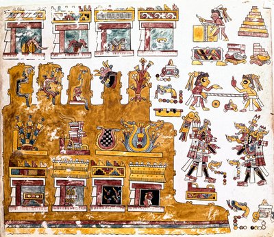 Civiltà Mixteca: Codice Mixteco con illustrazioni di attività davanti a un tempio - Arte precolombiana, civiltà Mixteca: scene di vita quotidiana davanti a un tempio - Dettaglio di una copia del Codice Vindobonensis o Codice Viennese inviato da Hernan da Mixtec Mixtec