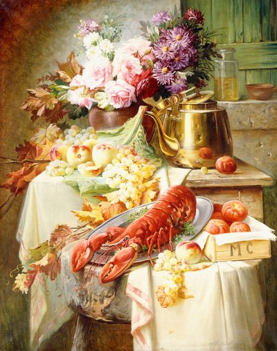 Natura morta con aragosta e frutta e fiori assortiti da Modeste Carlier