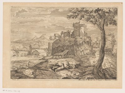 Paesaggio con pastore a riposo, sullo sfondo un fiume con ponte e mulino ad acqua (Paesaggi da Tiziano) da Moise Jean Baptiste Fouard