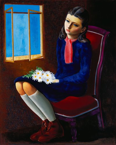 Una giovane ragazza seduta con Marguerites da Moise Kisling