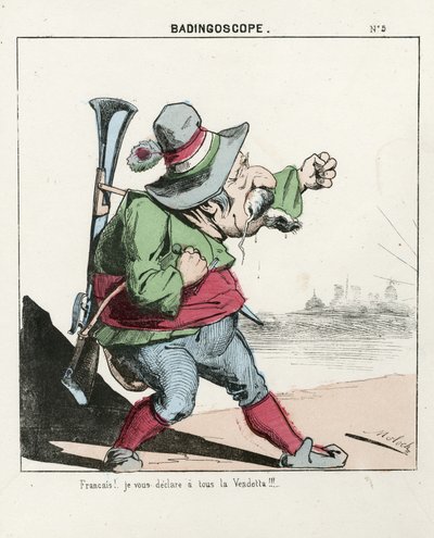 Foglio volante, numero 5, satirico a colori, circa 1870: Badingoscope - Comune di Parigi/Guerra/Assedio, Caccia, Presidente della Repubblica - Napoleone III - Illustrazione di Moloch (1849-1909) da Moloch
