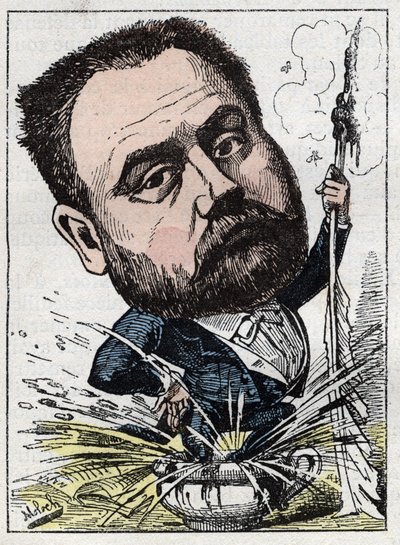 Ritratto di Emile Zola (1840-1902) scrittore francese in "Le Trombinoscope" di Touchatout, caricatura di B. Moloch del 1882. Collezione privata da Moloch