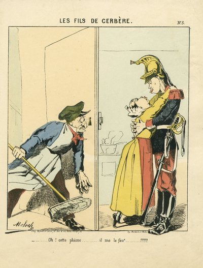 Foglio volante, numero 5, satirico a colori: I figli di Cerbero - Comune di Parigi/Guerra/Assedio, Amore - Illustrazione di Moloch (1849-1909) da Moloch