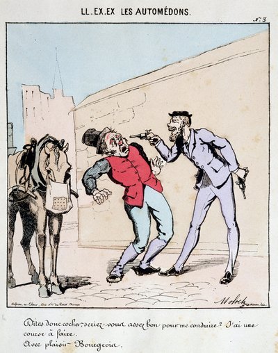 HE. EX. EX. Motoredons: Cartone sul trasporto in città. Un borghese chiede educatamente a un cocchiere di portarlo minacciandolo con pistole. Disegno di Moloch (1849-1909), intorno al 1860 da Moloch