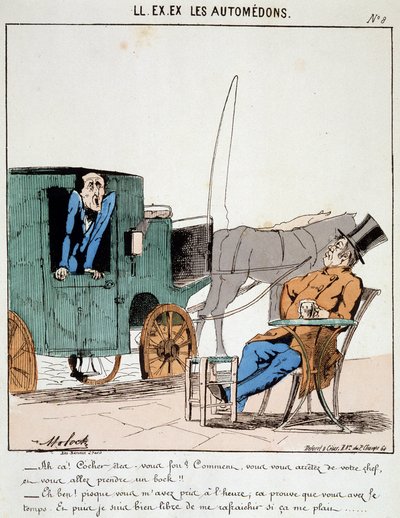 HE. EX. EX. Motoredons: Caricatura del trasporto in città. Un cocchiere paga in tempo si ferma in un caffè per prendere una birra sotto gli sguardi dei borghesi che trasporta. Disegno di Moloch (1849-1909), ca. 1860 da Moloch