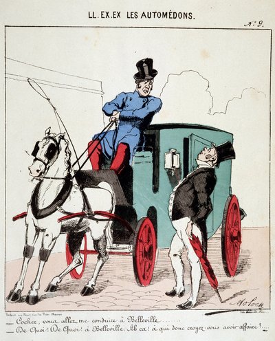 HE. EX. EX. Motoredons: Cartone sul trasporto in città. Un cocchiere rifiuta di portare un borghese a Belleville (Quartiere di Parigi). Disegno di Moloch (1849-1909), intorno al 1860 da Moloch
