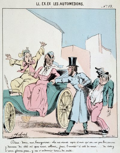 HE. EX. EX. Motoredons: Caricatura del trasporto in città. Un cocchiere porta un amico ubriaco nella carrozza accanto a due borghesi inorridite. Disegno di Moloch (1849-1909), ca. 1860 da Moloch
