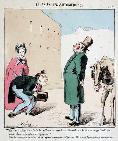 HE. EX. EX. Motoredons: Caricatura del trasporto in città. Un uomo implora un cocchiere di trasportare lui e sua moglie. Il cocchiere altezzoso rifiuta di far salire la donna. Disegno di Moloch (1849-1909), ca. 1860 da Moloch