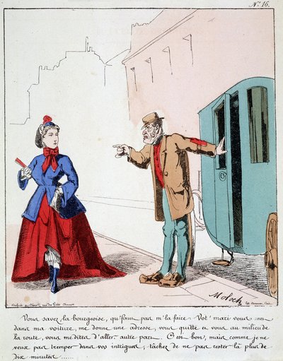 HE. EX. EX. Motoredons: Caricatura del trasporto in città. Il cocchiere rimprovera una borghese che va al parco mentre suo marito aveva chiesto al conducente di portarla in un altro luogo. Disegno di Moloch (1849-1909), ca. 1860 da Moloch
