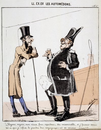 HE. EX. EX. Motoredons: Caricatura del trasporto in città. Due cocchieri parlano davanti a un bicchiere di alcol invece di prendere passeggeri. Disegno di Moloch (1849-1909), ca. 1860 da Moloch