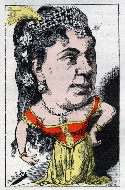 Ritratto di Emma Valladon detta Theresa (1837-1913) cantante di cabaret francese in "Le Trombinoscope" di Touchatout, caricatura di B. Moloch del 1882. Collezione privata. da Moloch