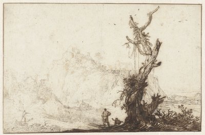 Paesaggio montuoso con un albero spoglio in primo piano da Monogrammist BVB