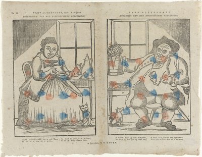Trijn Antijddorst, Geb: Koffijlief. / Capo delle sorelle del caffè. / Hans Altyddorst. / Capo della società dei bevitori di birra da Monogrammist B (prentmaker)