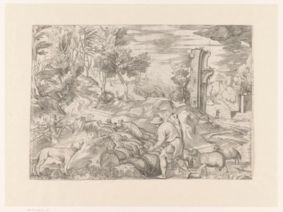 Paesaggio con pastore e gregge di pecore da Monogrammist DB (etser 16de eeuw)