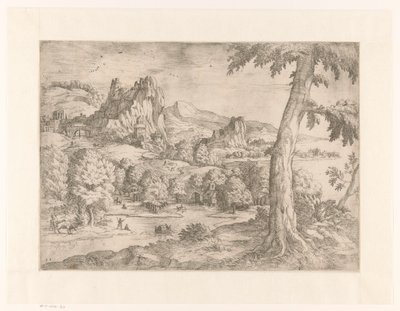 Paesaggio panoramico con grande albero da Monogrammist DB (etser 16de eeuw)