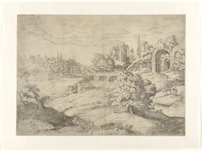 Ampio paesaggio con templi classici da Monogrammist DB (etser 16de eeuw)